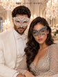 White Laser Cut Diamond Mask for Men & Black Silver Lace Mask for Women - Metal Venetian His and Hers Masquerade Set - product photo