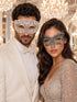 White Laser Cut Diamond Mask for Men & Black Silver Lace Mask for Women - Metal Venetian His and Hers Masquerade Set - main image