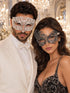 Silver Chrome Swan Lace Mask for Women & White Diamond Metal Mask for Men - Venetian His and Hers Masquerade Masks - main image