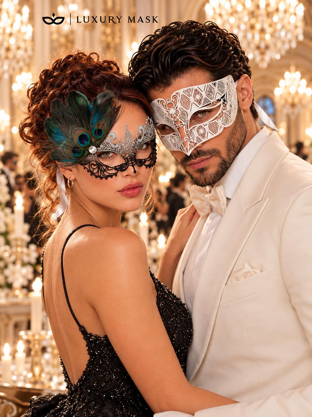White Diamond Venetian Mask for Men with Silver Black Peacock Lace Mask for Women - Laser Cut Metal Couples Masquerade Set - product photo