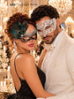 White Diamond Venetian Mask for Men with Silver Black Peacock Lace Mask for Women - Laser Cut Metal Couples Masquerade Set - product photo
