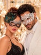 White Diamond Venetian Mask for Men with Silver Black Peacock Lace Mask for Women - Laser Cut Metal Couples Masquerade Set - product photo