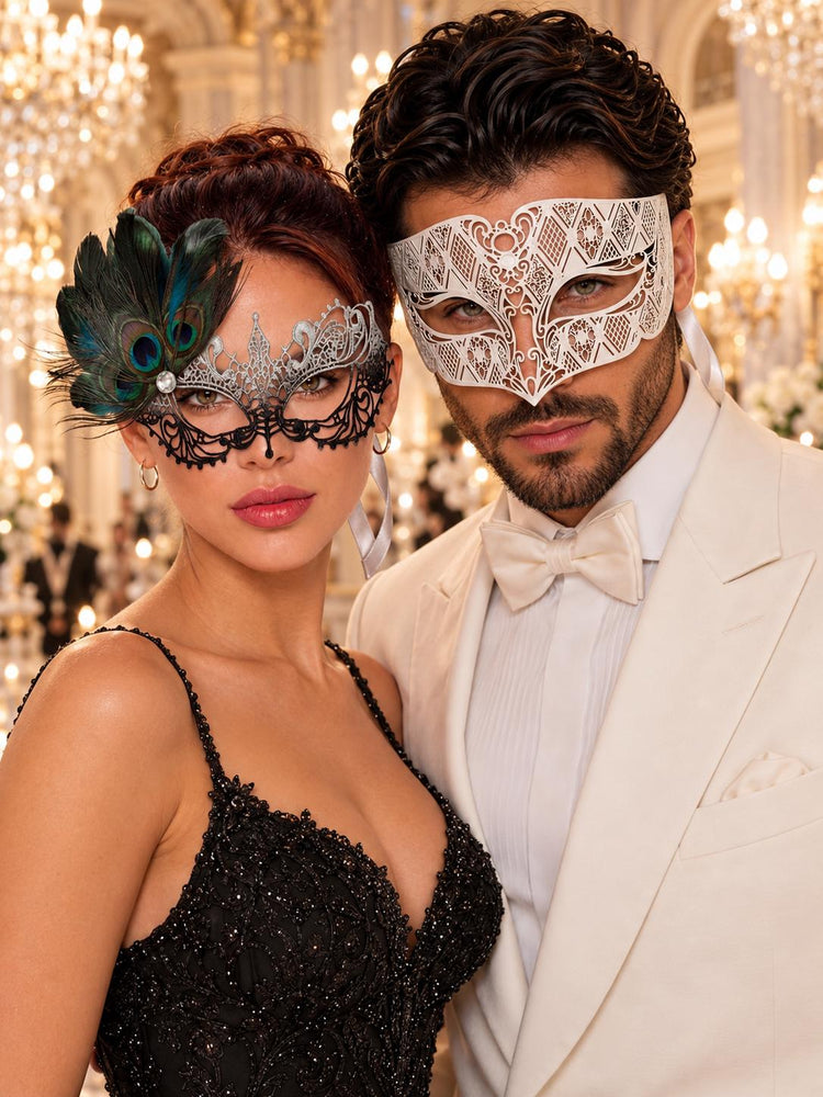 White Diamond Venetian Mask for Men with Silver Black Peacock Lace Mask for Women - Laser Cut Metal Couples Masquerade Set - main image