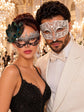 White Diamond Venetian Mask for Men with Silver Black Peacock Lace Mask for Women - Laser Cut Metal Couples Masquerade Set - main image