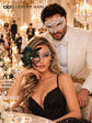 Silver Black Phantom Peacock Feather Mask for Women with White Diamond Metal Mask for Men - Venetian Masquerade Couple Set - product photo