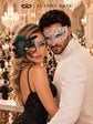 Silver Black Phantom Peacock Feather Mask for Women with White Diamond Metal Mask for Men - Venetian Masquerade Couple Set - product photo