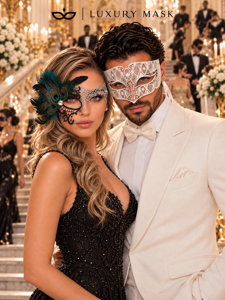 Silver Black Phantom Peacock Feather Mask for Women with White Diamond Metal Mask for Men - Venetian Masquerade Couple Set - product photo