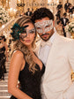 Silver Black Phantom Peacock Feather Mask for Women with White Diamond Metal Mask for Men - Venetian Masquerade Couple Set - product photo