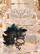 Silver Black Phantom Peacock Feather Mask for Women with White Diamond Metal Mask for Men - Venetian Masquerade Couple Set - product photo