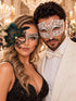 Silver Black Phantom Peacock Feather Mask for Women with White Diamond Metal Mask for Men - Venetian Masquerade Couple Set - main image