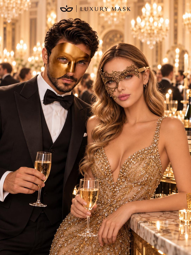 Gold Phantom Masks for Couples - Venetian Opera Half Face Mask for Men & Gold Phantom Lace Mask for Women - product photo