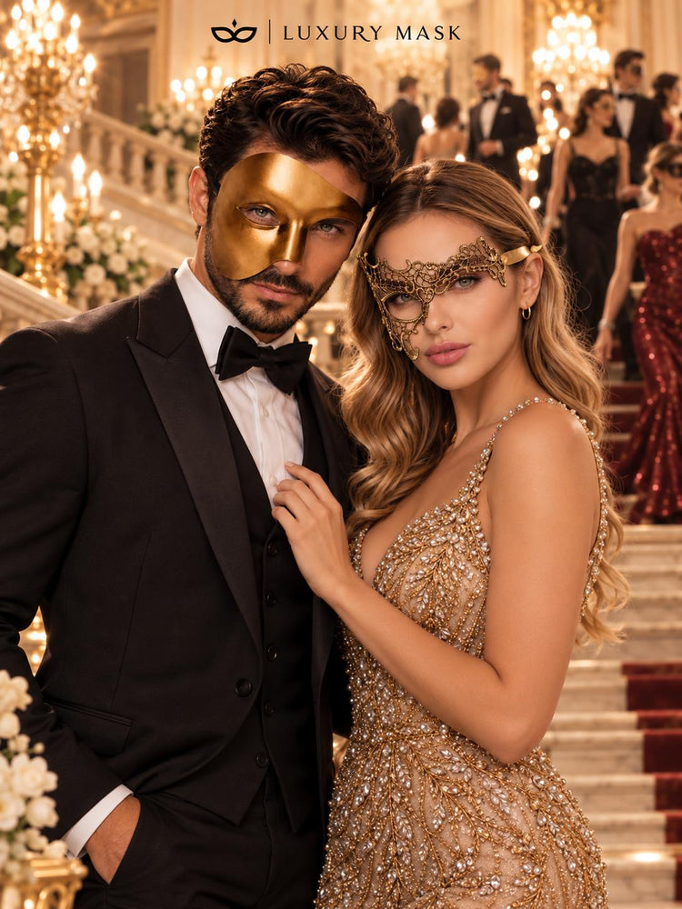 Gold Phantom Masks for Couples - Venetian Opera Half Face Mask for Men & Gold Phantom Lace Mask for Women - product photo