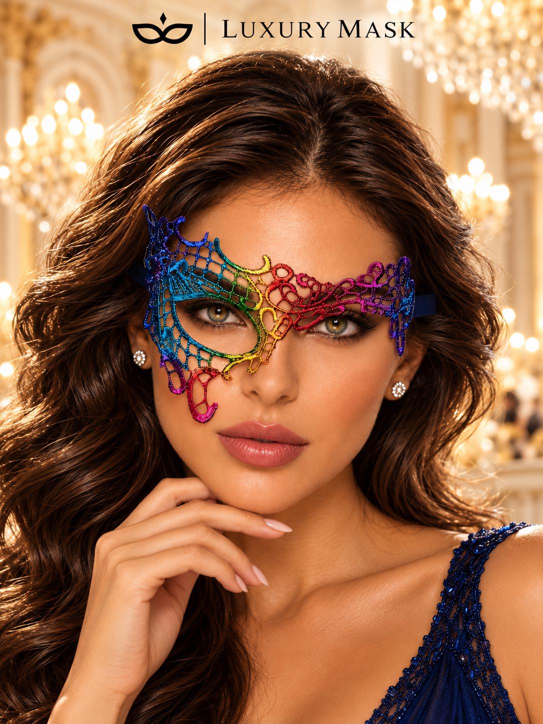 Rainbow Phantom Lace Mask for Women - Colorful One Eye Venetian Mask for Masquerade Ball, Mardi Gras & Costume Party - product photo