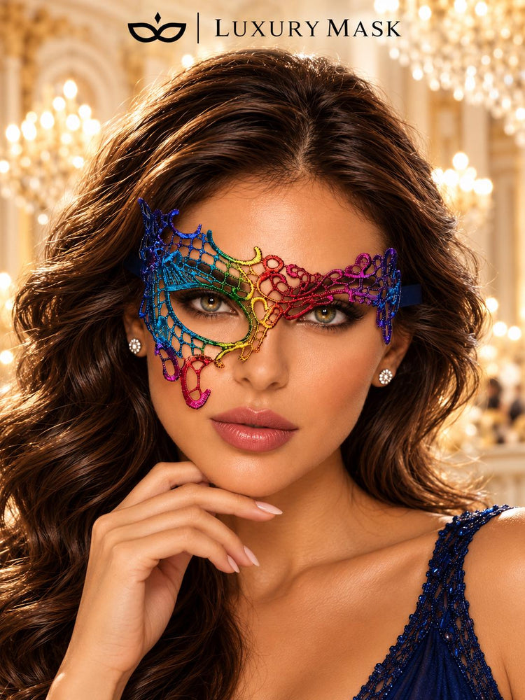 Rainbow Phantom Lace Mask for Women - Colorful One Eye Venetian Mask for Masquerade Ball, Mardi Gras & Costume Party - product photo