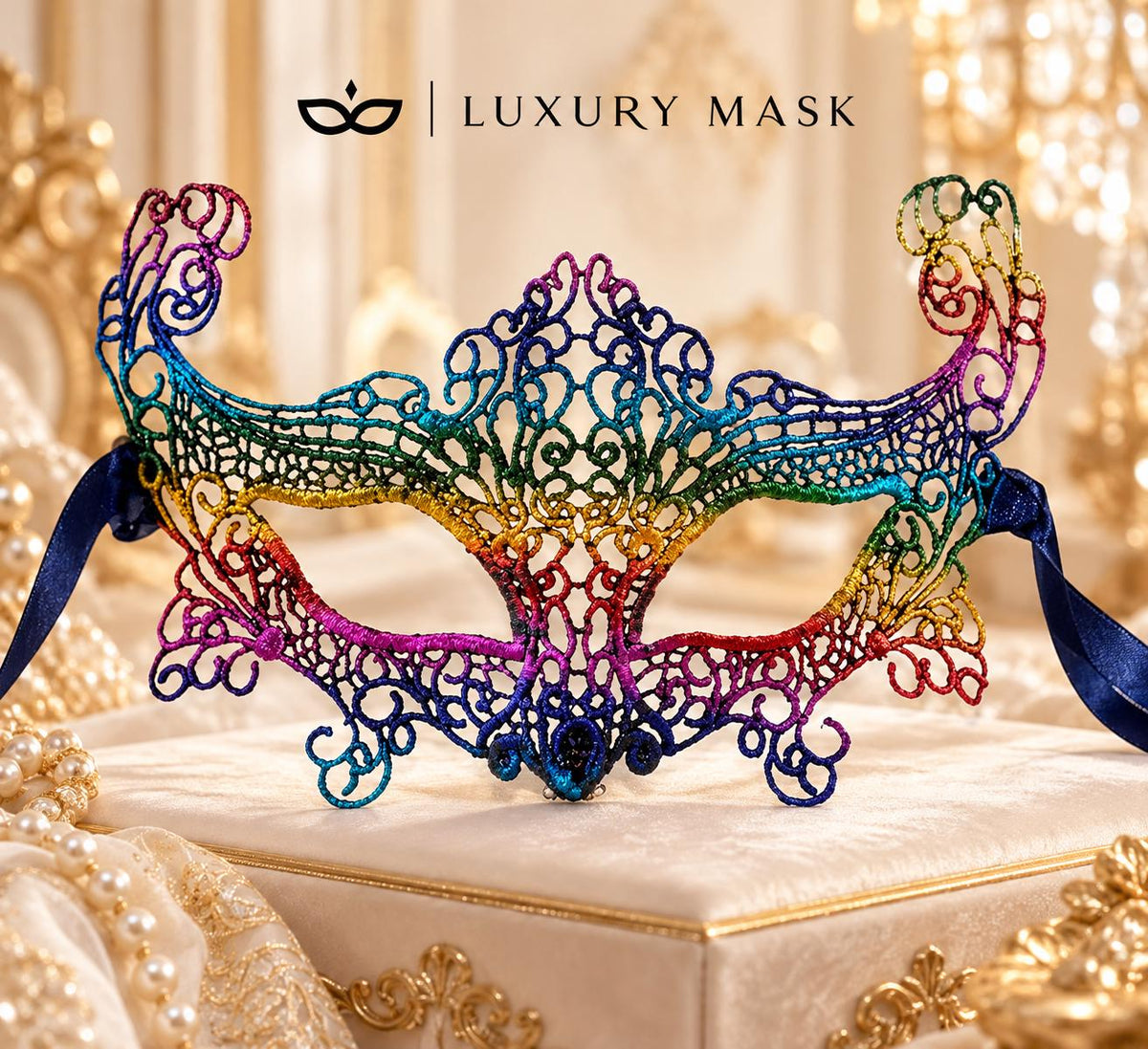 Rainbow Crown Lace Mask for Women - Colorful Detailed Venetian Eye Mask for Masquerade Ball, Mardi Gras & Costume Party - product photo