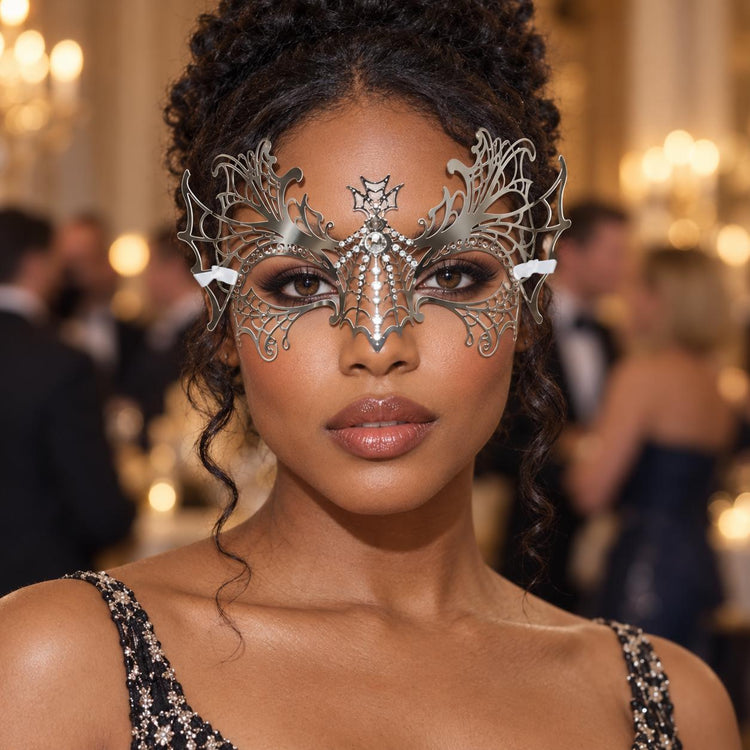 Silver Spider Web Masquerade Mask with Clear Rhinestones for Women, Halloween Eye Mask - product photo