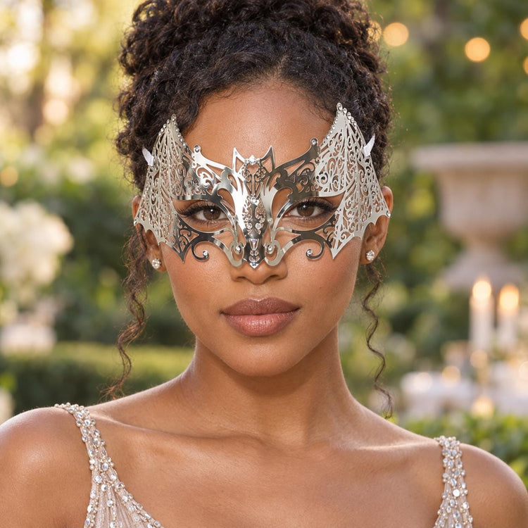 Silver Crown Masquerade Mask for Women, Metal Eye Mask with Clear Stones for Prom - product photo