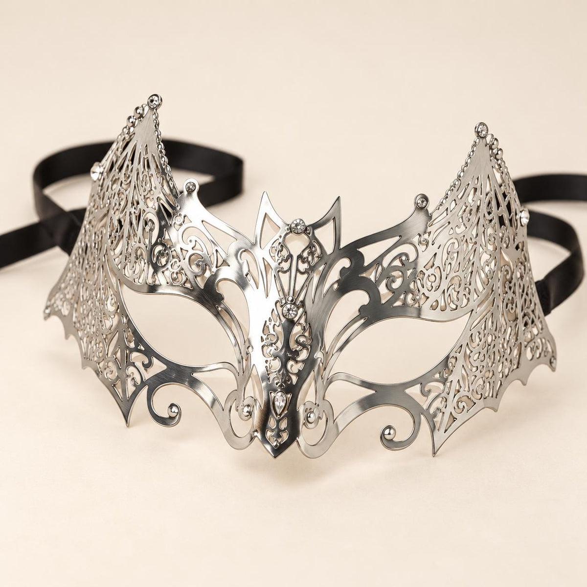 Silver Crown Masquerade Mask for Women, Metal Eye Mask with Clear Stones for Prom - product photo