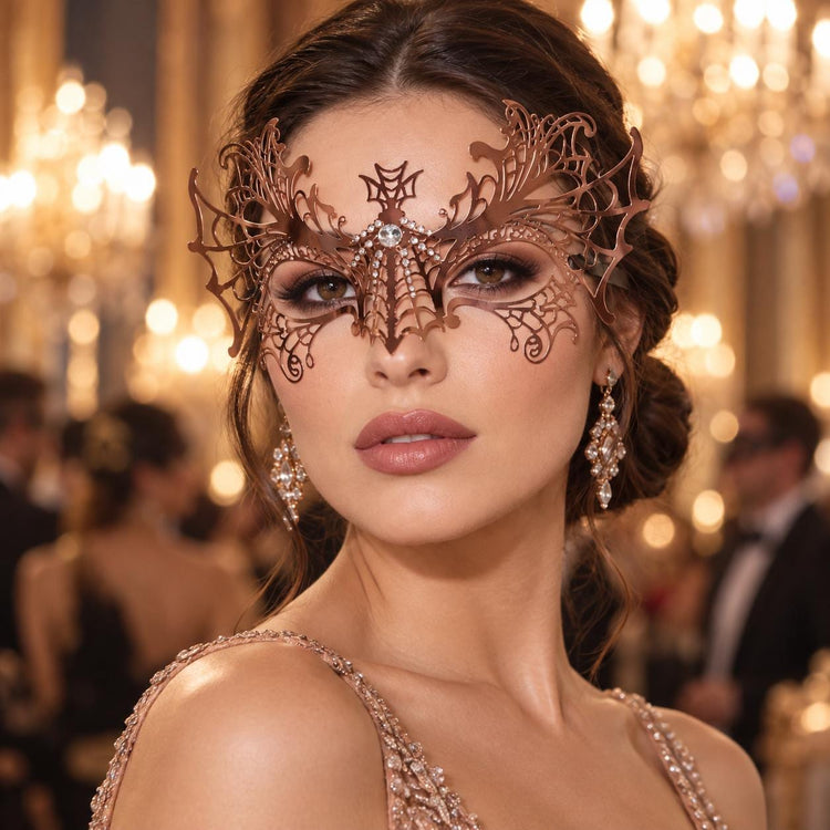 Rose Gold Spider Web Masquerade Mask with Clear Rhinestones for Women, Halloween Eye Mask - product photo