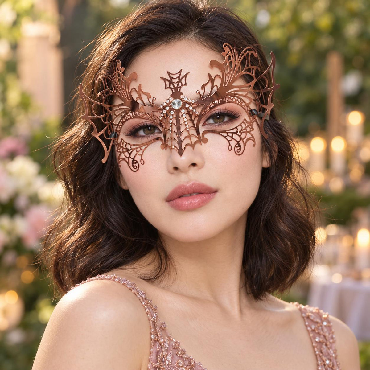 Rose Gold Spider Web Masquerade Mask with Clear Rhinestones for Women, Halloween Eye Mask - product photo