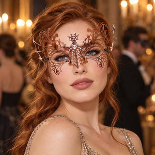 Rose Gold Spider Web Masquerade Mask with Clear Rhinestones for Women, Halloween Eye Mask - main image
