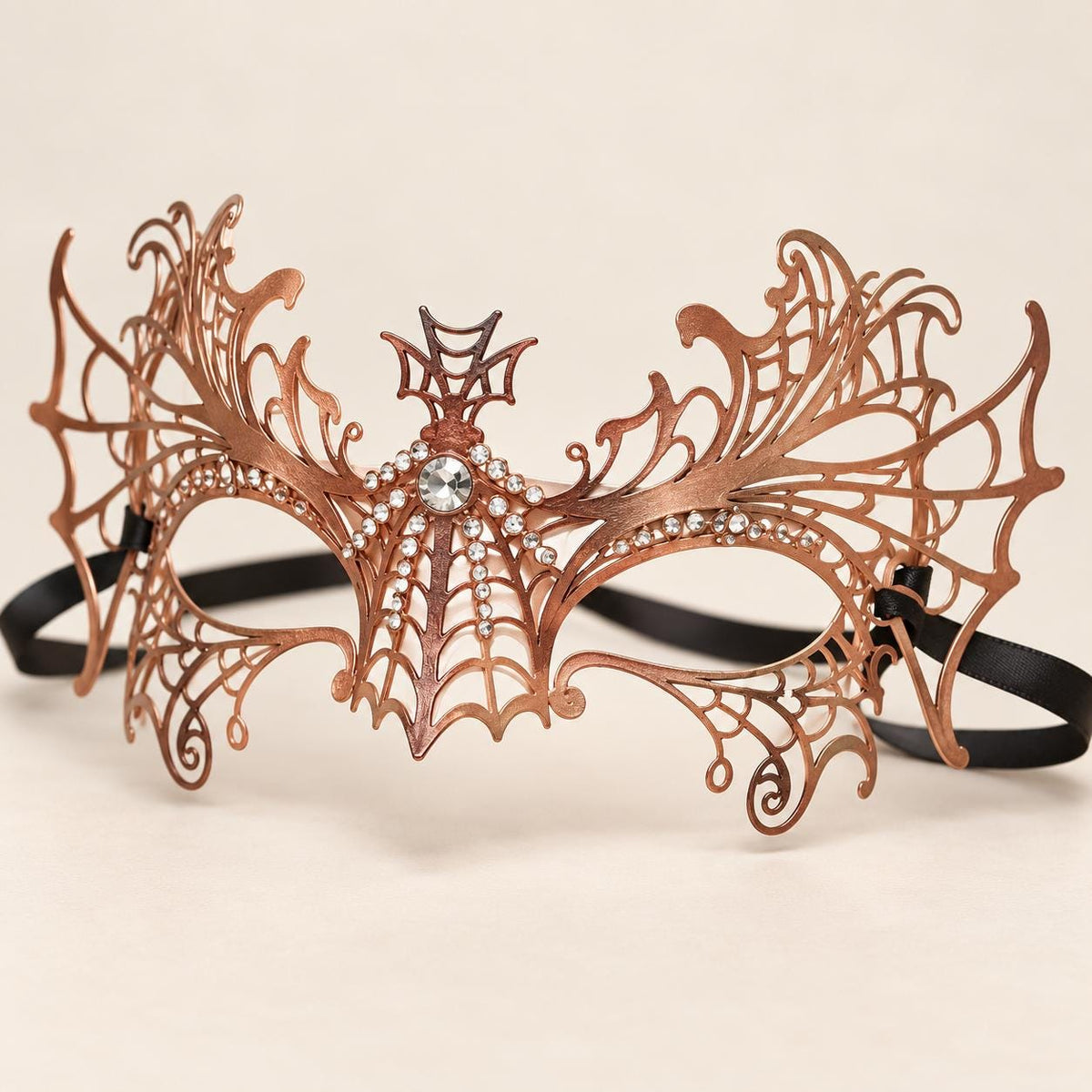 Rose Gold Spider Web Masquerade Mask with Clear Rhinestones for Women, Halloween Eye Mask - product photo