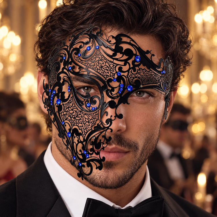 Black Masquerade Mask with Blue Rhinestones for Men, Metal Side Mask for Costume Parties - product photo