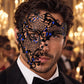 Black Masquerade Mask with Blue Rhinestones for Men, Metal Side Mask for Costume Parties - product photo