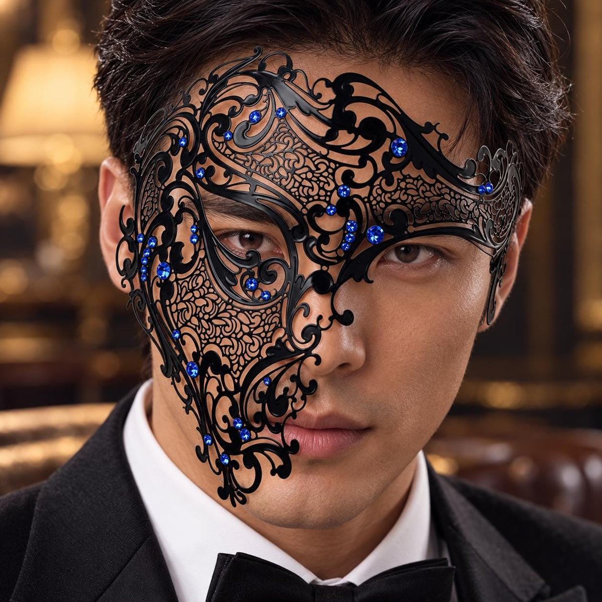 Black Masquerade Mask with Blue Rhinestones for Men, Metal Side Mask for Costume Parties - product photo
