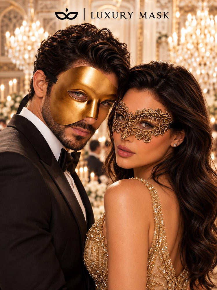 Gold Phantom Venetian Mask for Men & Black Gold Lace Mask for Women | His and Hers Masquerade Set - image 2