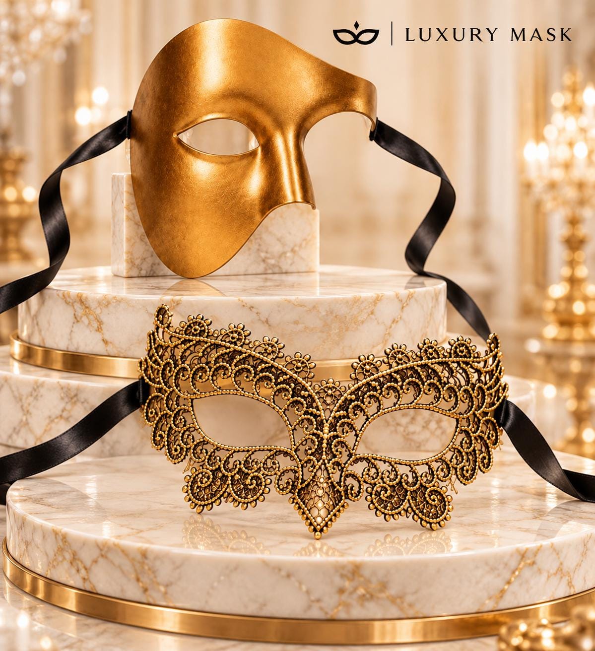 Gold Phantom Venetian Mask for Men & Black Gold Lace Mask for Women | His and Hers Masquerade Set - image 6