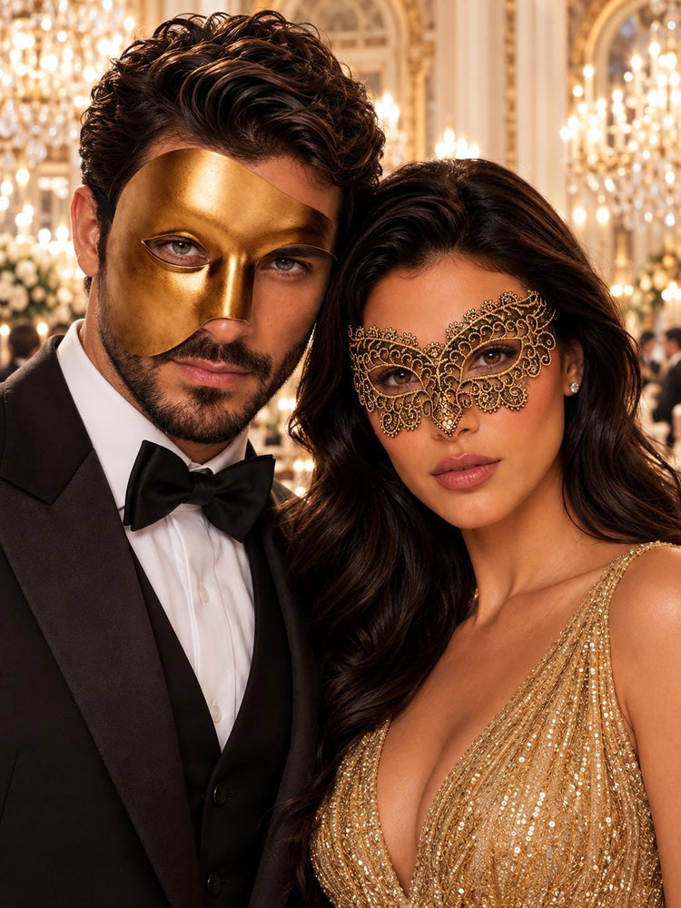 Gold Phantom Venetian Mask for Men & Black Gold Lace Mask for Women | His and Hers Masquerade Set - main image