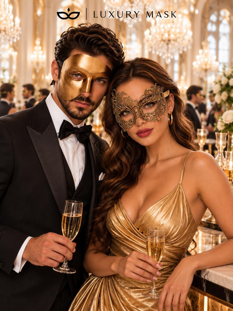 Gold Phantom Opera Mask for Men & Gold Swan Lace Mask for Women | Venetian His and Hers Masquerade Couple Set - image 3