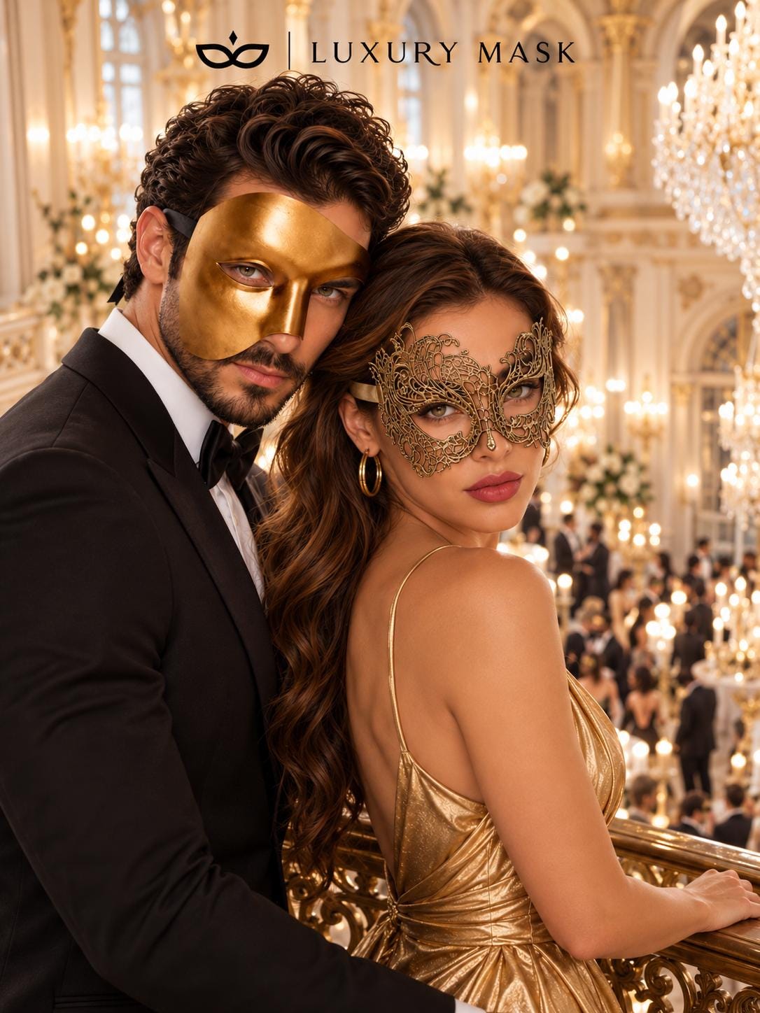 Gold Phantom Opera Mask for Men & Gold Swan Lace Mask for Women | Venetian His and Hers Masquerade Couple Set - image 5