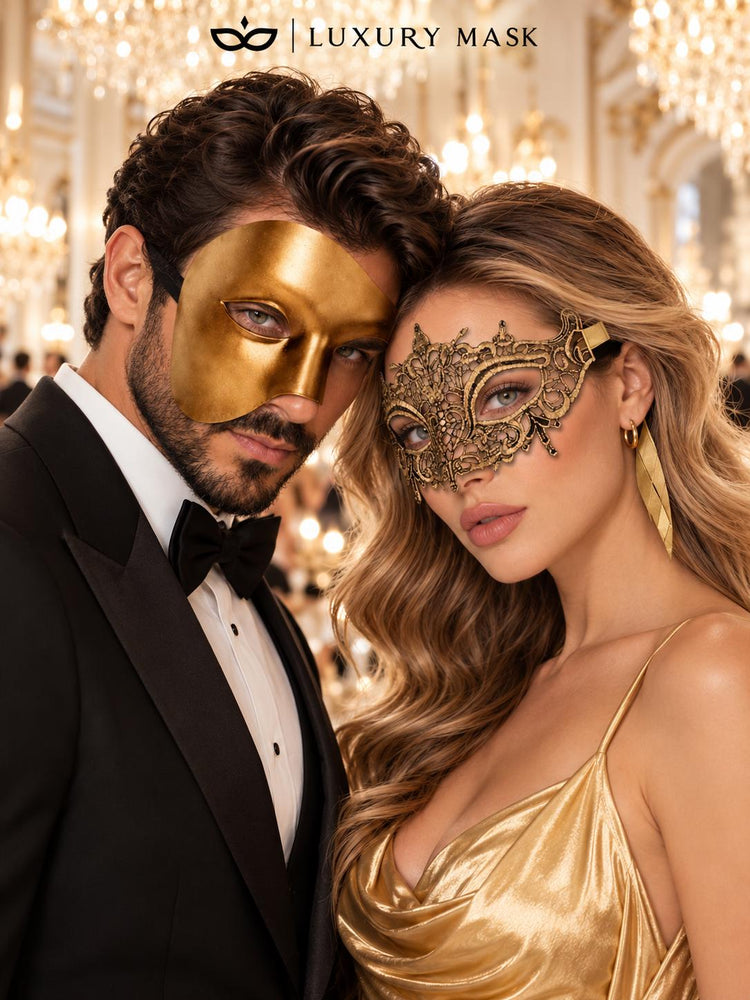 Gold Phantom Venetian Mask for Men with Gold Crown Lace Mask for Women | Venetian His and Hers Masquerade Set - image 2