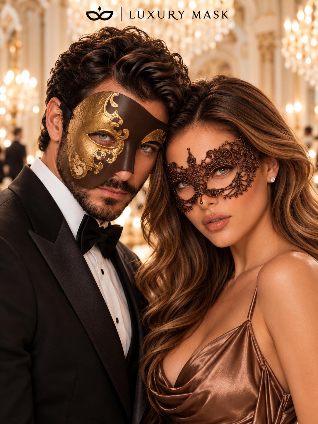 Mocha Brown & Gold Phantom Mask for Men with Mocha Brown Lace Mask for Women | Venetian Couples Masquerade Set - image 3