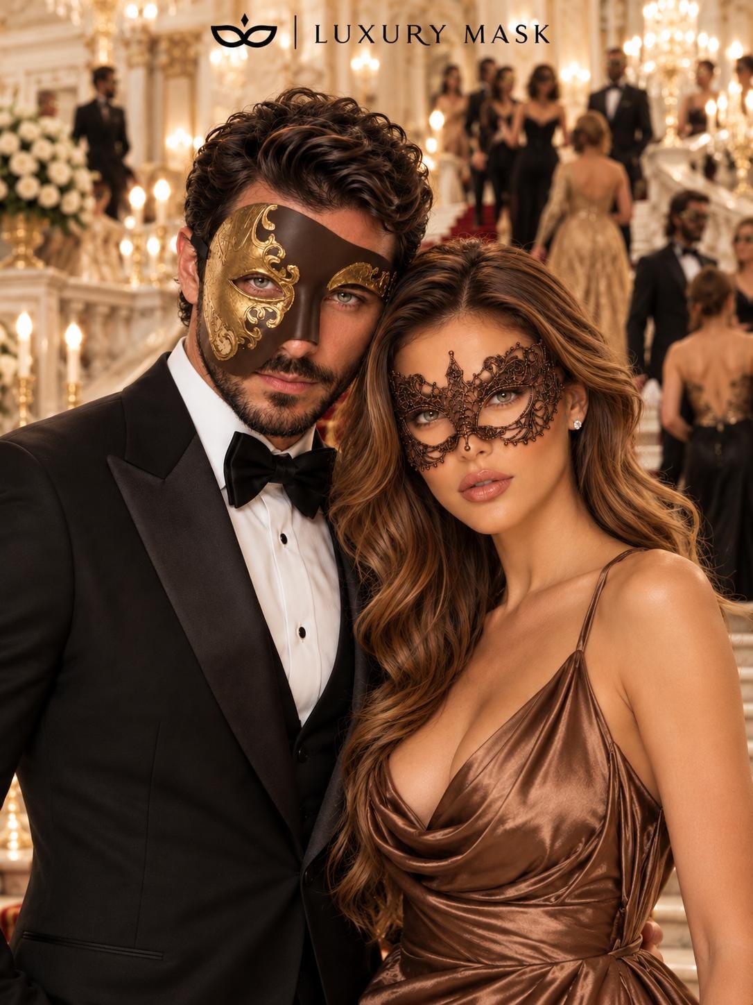 Mocha Brown & Gold Phantom Mask for Men with Mocha Brown Lace Mask for Women | Venetian Couples Masquerade Set - image 4