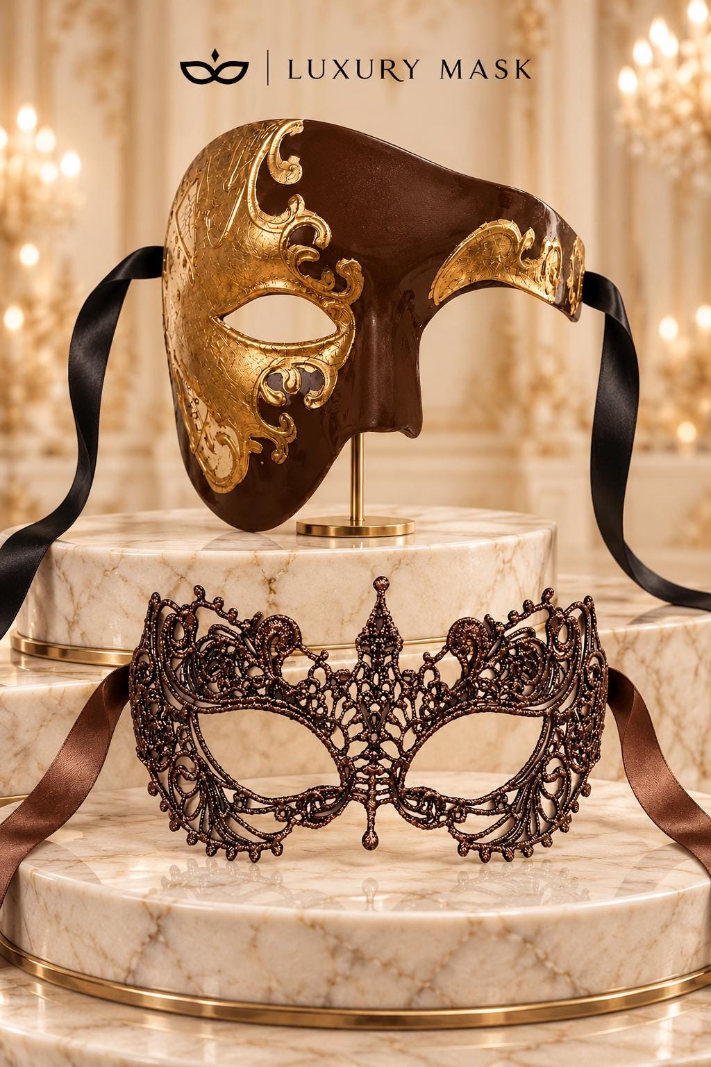 Mocha Brown & Gold Phantom Mask for Men with Mocha Brown Lace Mask for Women | Venetian Couples Masquerade Set - image 6