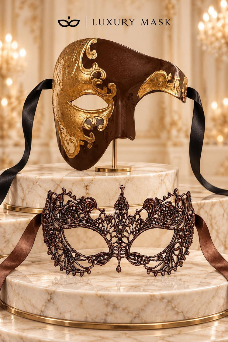 Mocha Brown & Gold Phantom Mask for Men with Mocha Brown Lace Mask for Women | Venetian Couples Masquerade Set - image 6