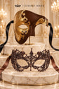 Mocha Brown & Gold Phantom Mask for Men with Mocha Brown Lace Mask for Women | Venetian Couples Masquerade Set - image 6
