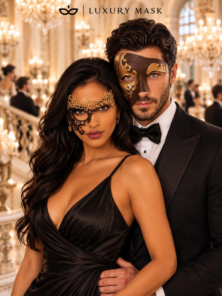 Mocha Brown Gold Phantom Mask for Men & Black Gold Phantom Lace Mask for Women | Venetian Opera Masquerade Couple Set - image 3