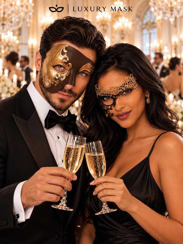Mocha Brown Gold Phantom Mask for Men & Black Gold Phantom Lace Mask for Women | Venetian Opera Masquerade Couple Set - image 4