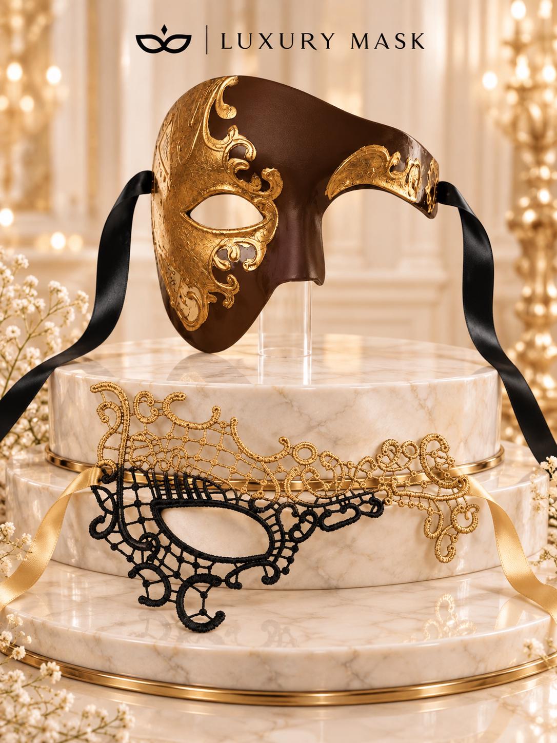 Mocha Brown Gold Phantom Mask for Men & Black Gold Phantom Lace Mask for Women | Venetian Opera Masquerade Couple Set - image 6