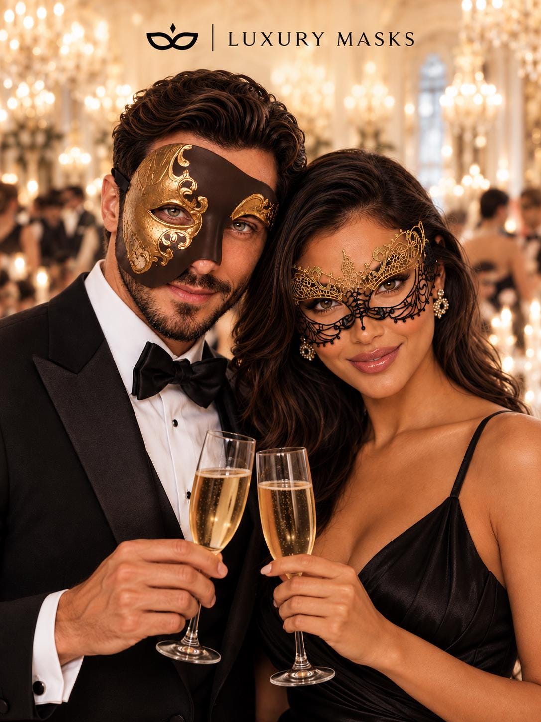 Mocha Brown Gold Opera Mask for Men with Black Gold Lace Mask for Women | Phantom Venetian His and Hers Masquerade Set - image 5