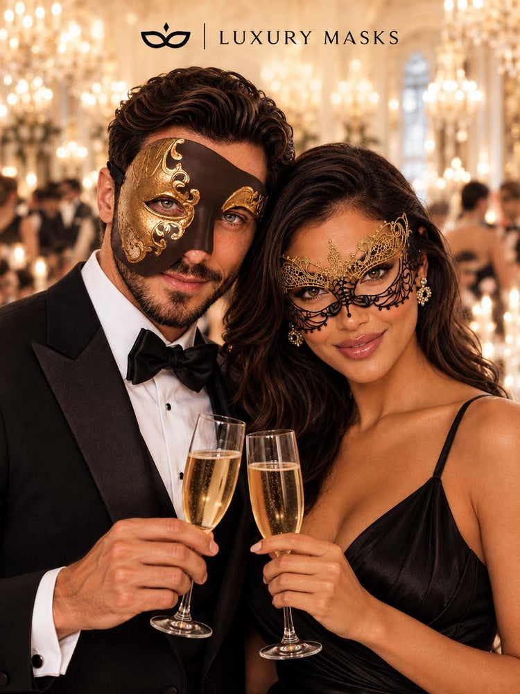 Mocha Brown Gold Opera Mask for Men with Black Gold Lace Mask for Women | Phantom Venetian His and Hers Masquerade Set - image 5