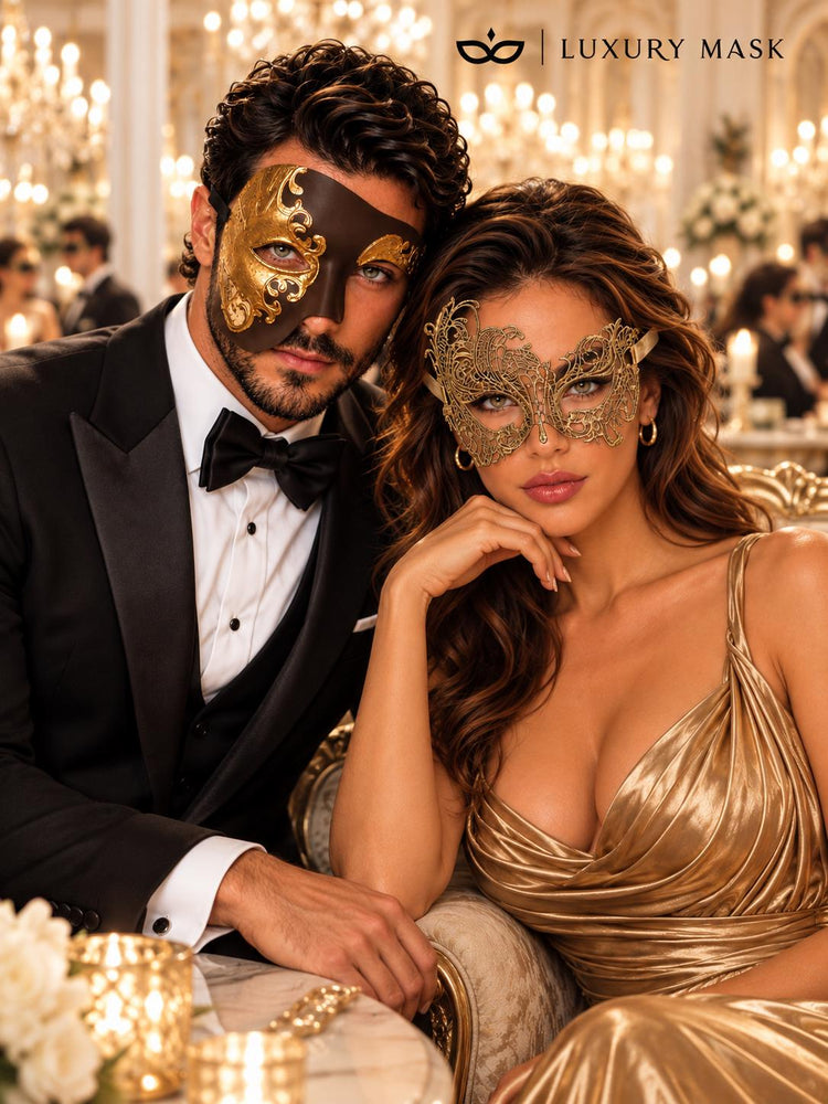 Gold Swan Lace Mask for Women & Mocha Brown Gold Phantom Mask for Men | Venetian Masquerade His and Hers Couple Set - image 5