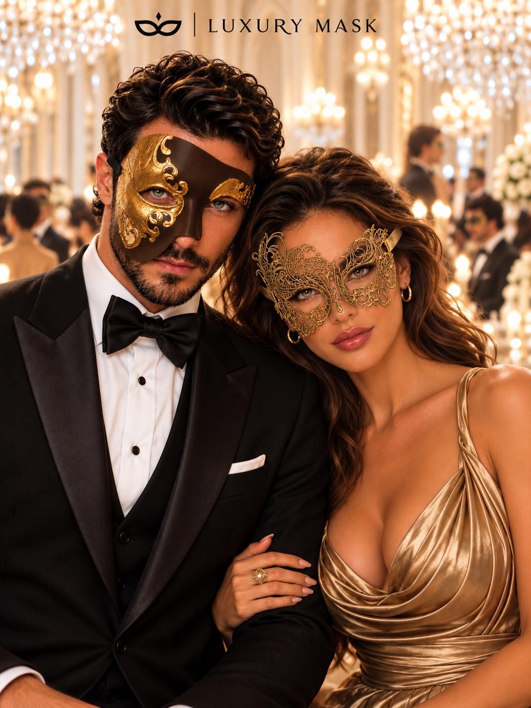 Gold Swan Lace Mask for Women & Mocha Brown Gold Phantom Mask for Men | Venetian Masquerade His and Hers Couple Set - image 4