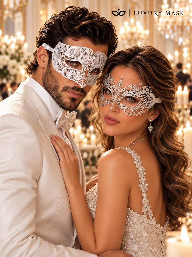 White Clear Stone Diamond Mask for Men & White Rhinestone Metal Mask for Women | Laser Cut Venetian His and Hers Masquerade Set - image 6