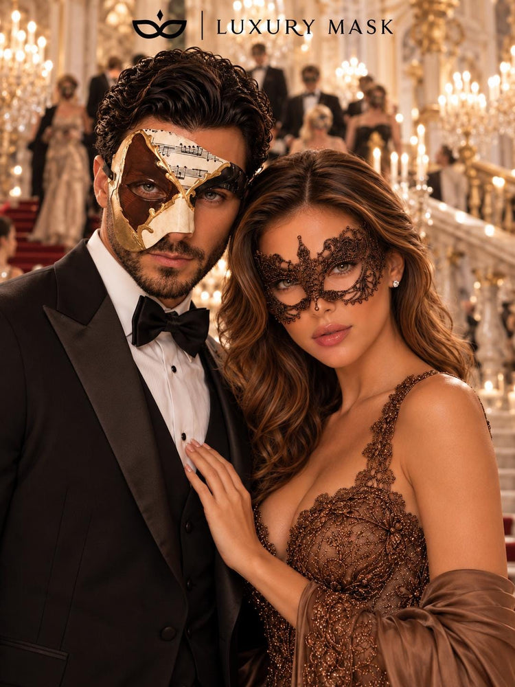 Brown Gold Black Musical Phantom Mask for Men & Mocha Brown Lace Mask for Women | Venetian Opera Masquerade Couple Set - image 5