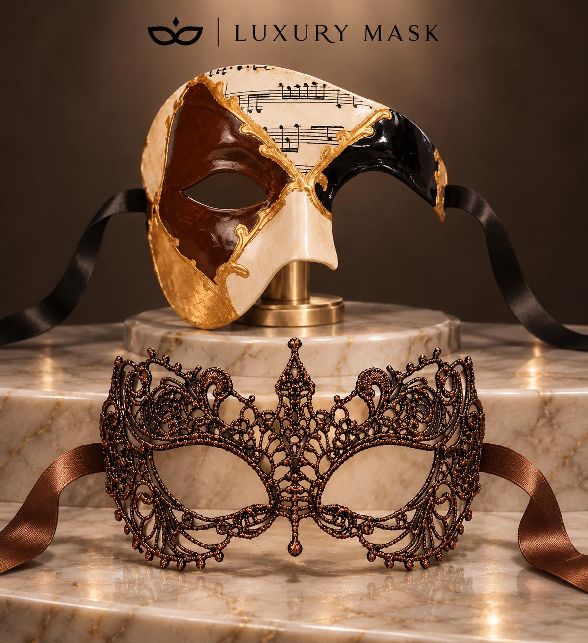 Brown Gold Black Musical Phantom Mask for Men & Mocha Brown Lace Mask for Women | Venetian Opera Masquerade Couple Set - image 6
